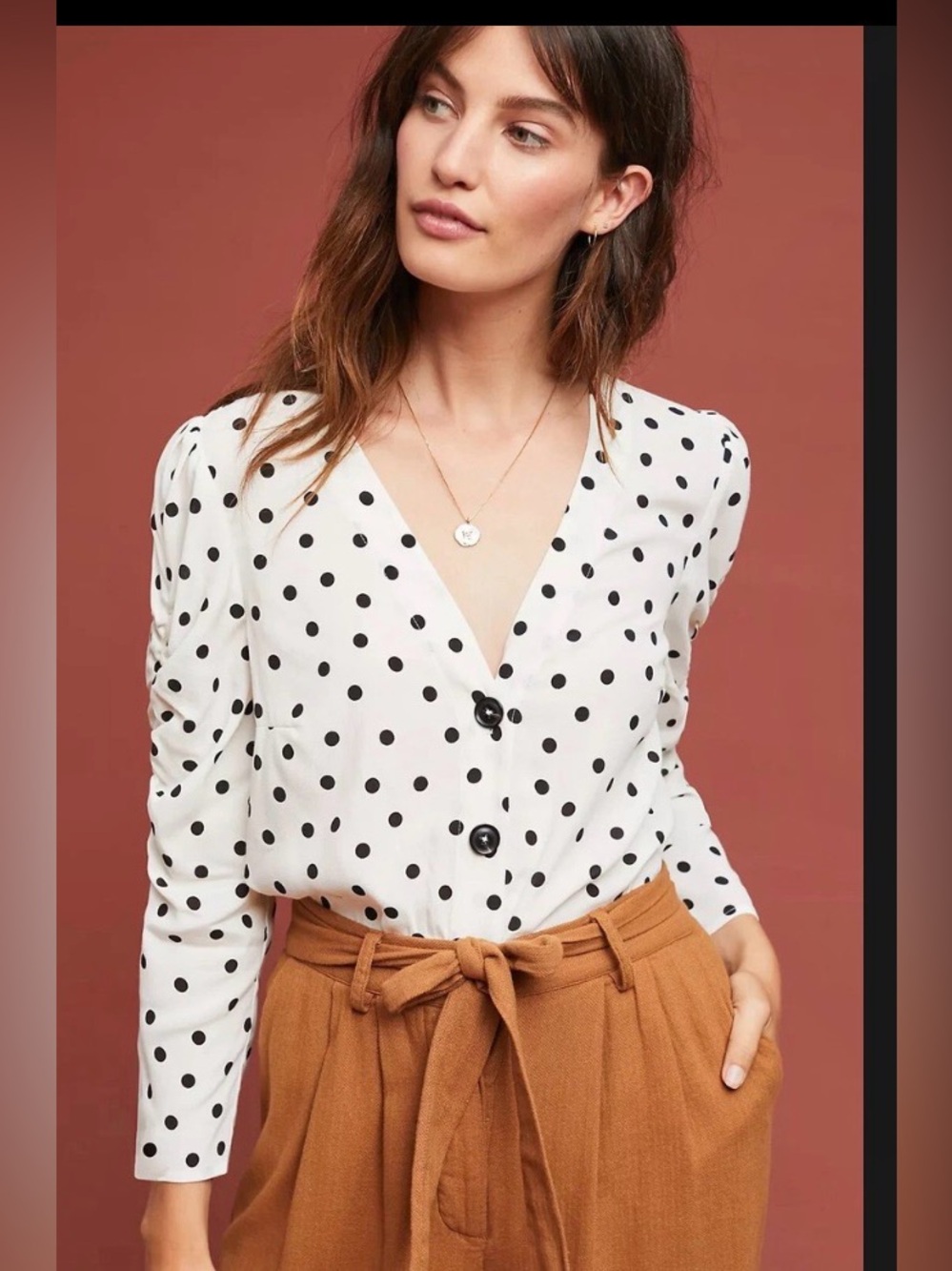 Anthropologie White Black Polka Dot Button Down Blouse